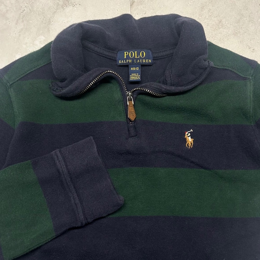 Polo Ralph Lauren Quarter Zip Pullover Green Navy Striped Kids Size M (10-12)